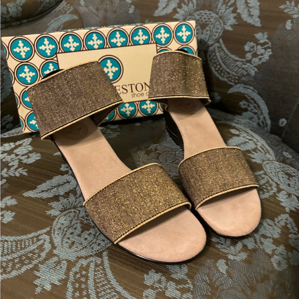 NWT Charleston Shoe Company Gold and Black Wedges